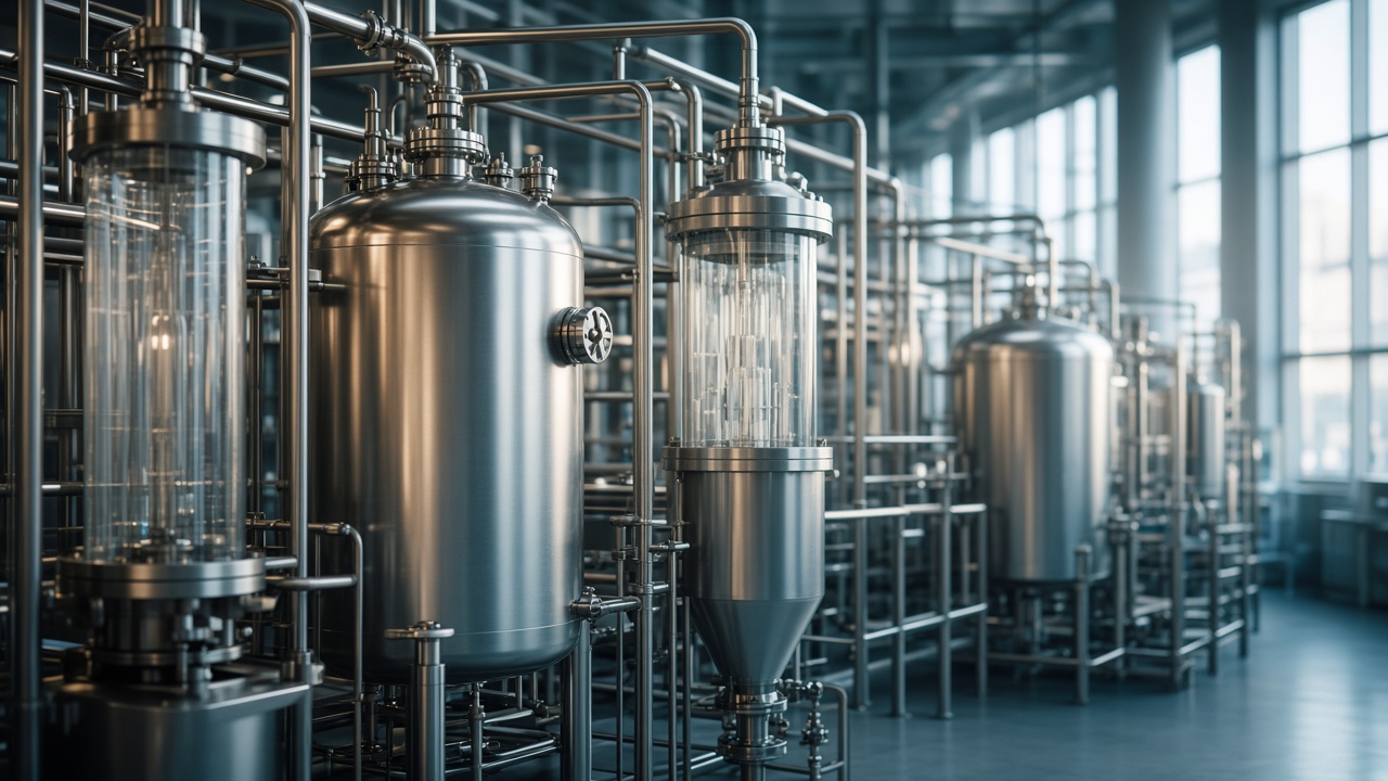Stainless steel reactors and glass vessels inside a modern chemical plant